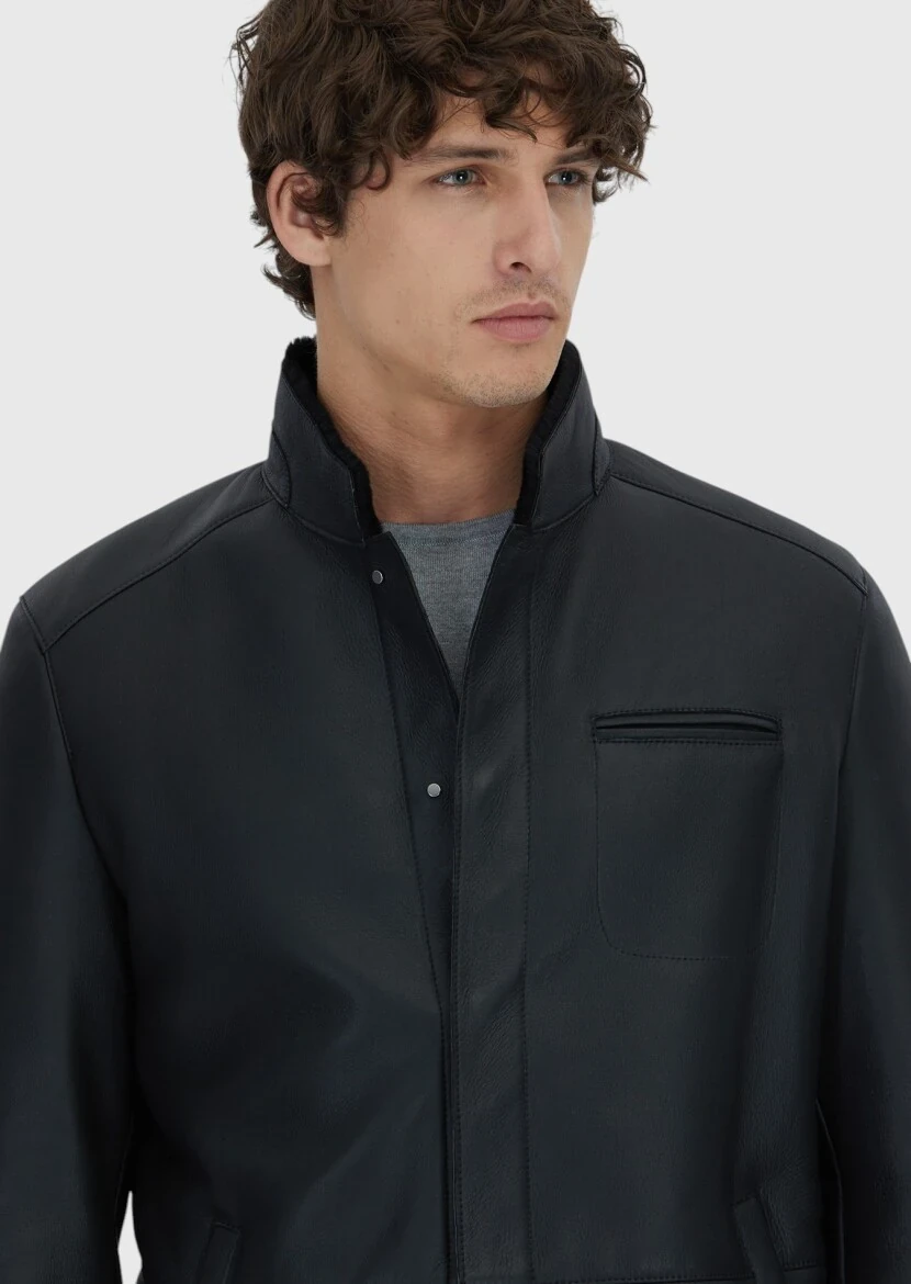 Siyah Regular Fit Dik Yaka Casual Koyun Kürkü Deri Mont - 4