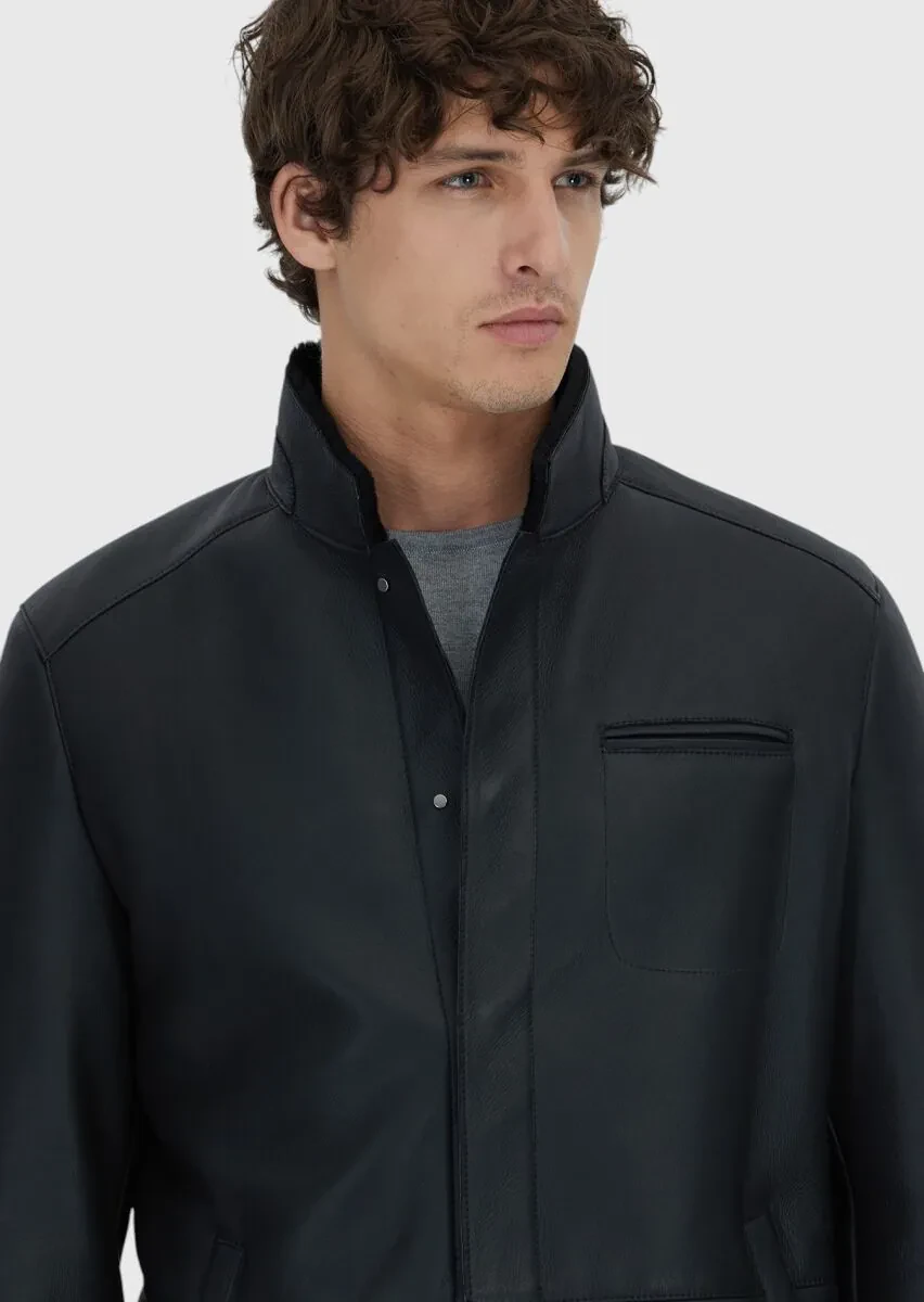 Siyah Regular Fit Dik Yaka Casual Koyun Kürkü Deri Mont - 4