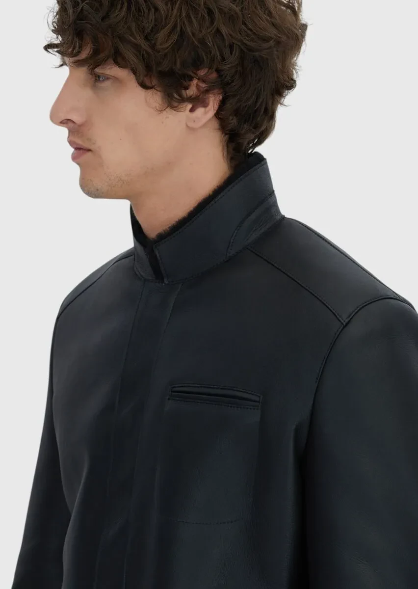 Siyah Regular Fit Dik Yaka Casual Koyun Kürkü Deri Mont - 5