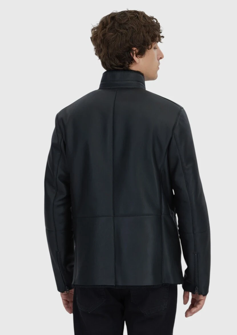 Siyah Regular Fit Dik Yaka Casual Koyun Kürkü Deri Mont - 7