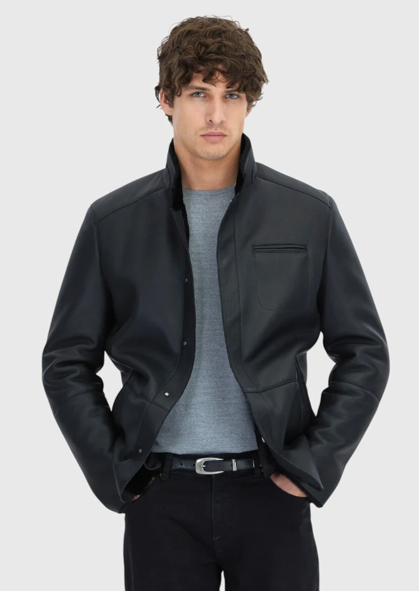 Siyah Regular Fit Dik Yaka Casual Koyun Kürkü Deri Mont - 1