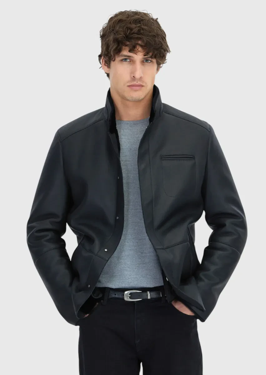Siyah Regular Fit Dik Yaka Casual Koyun Kürkü Deri Mont - 1