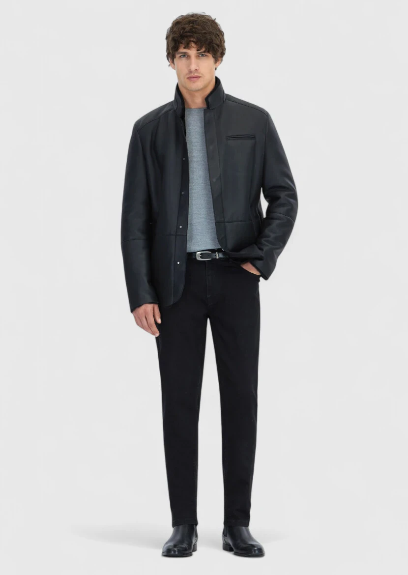 Siyah Regular Fit Dik Yaka Casual Koyun Kürkü Deri Mont - 2