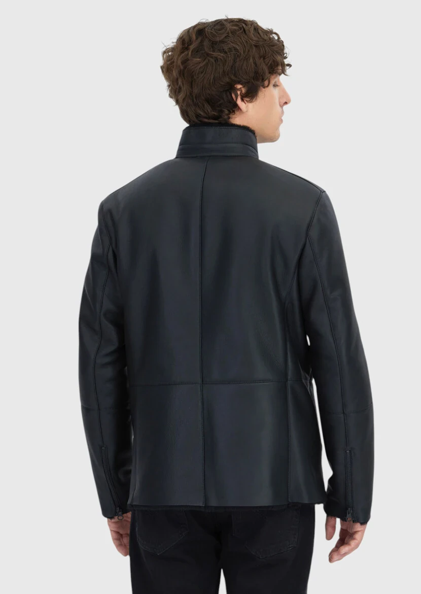 Siyah Regular Fit Dik Yaka Casual Koyun Kürkü Deri Mont - 7