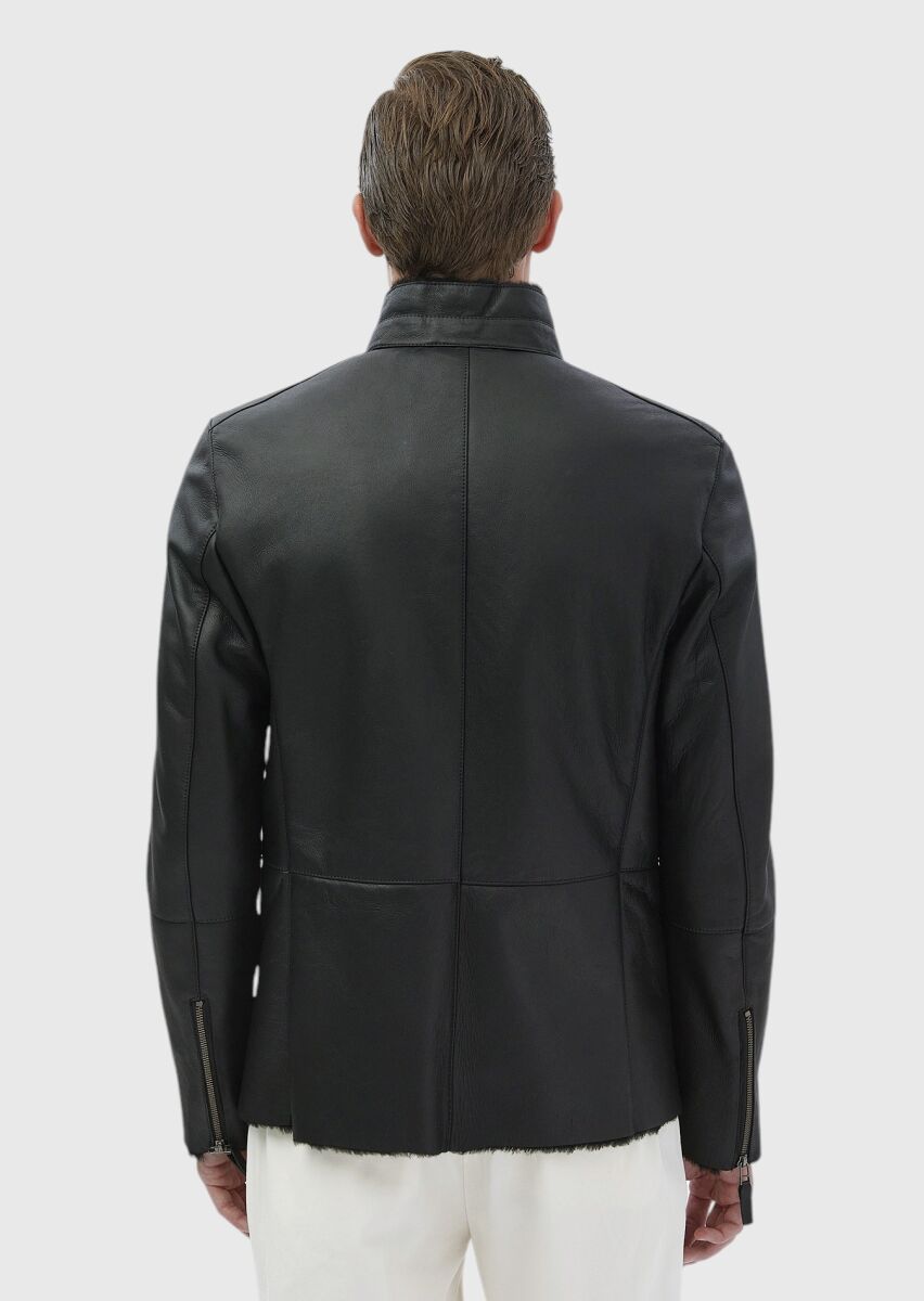 Siyah Regular Fit Dik Yaka Casual Kürk Deri Mont - 9