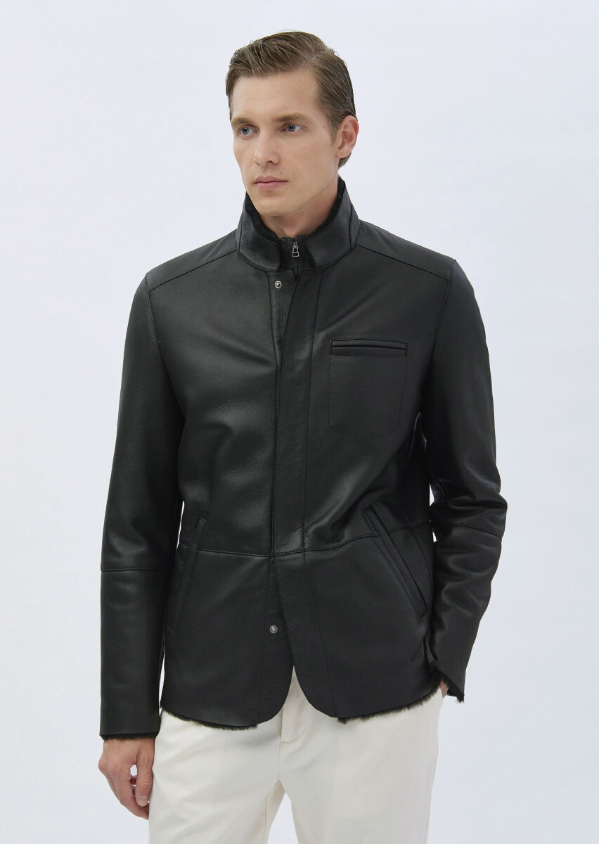Siyah Regular Fit Dik Yaka Casual Kürk Deri Mont - 4