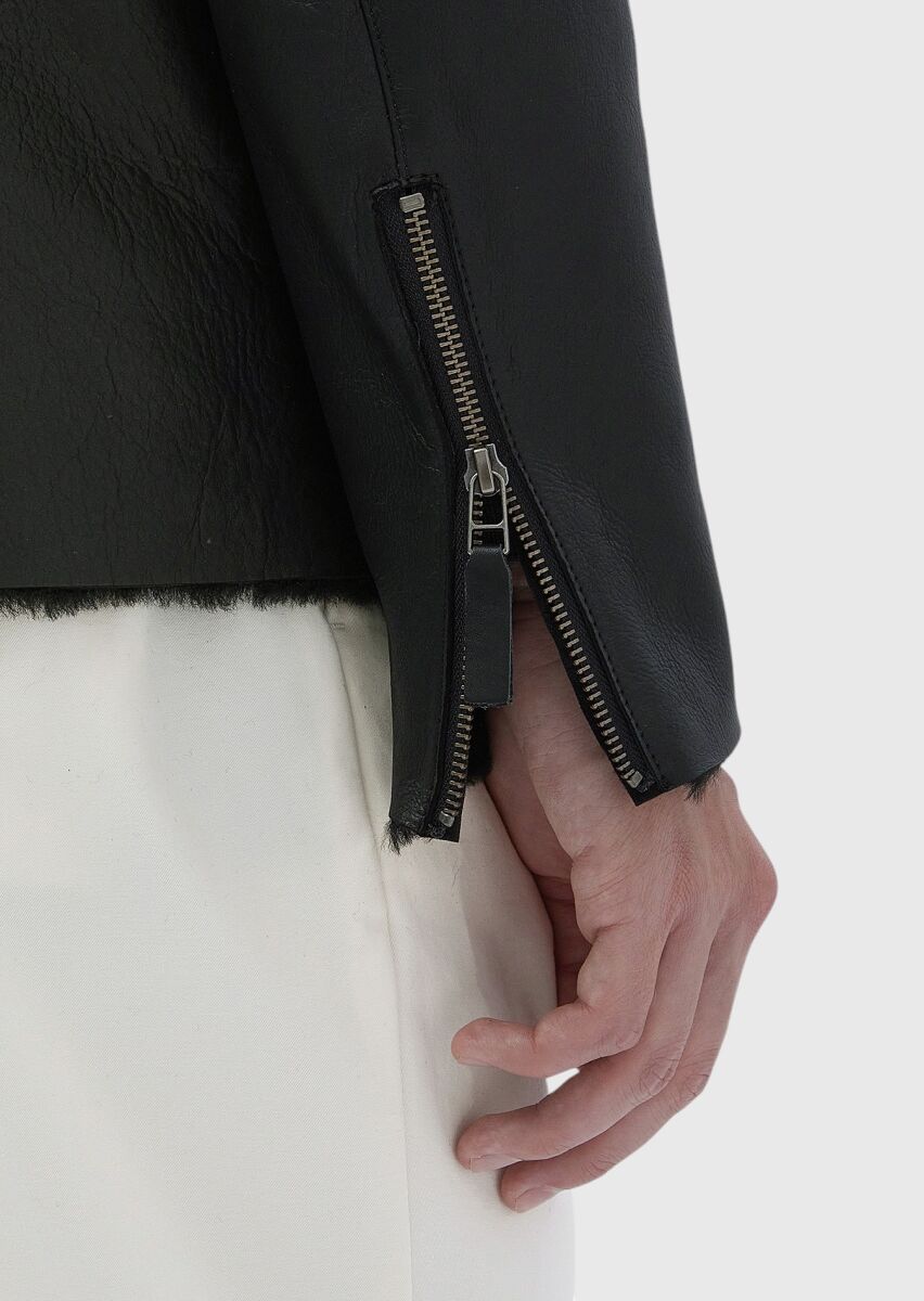 Siyah Regular Fit Dik Yaka Casual Kürk Deri Mont - 8