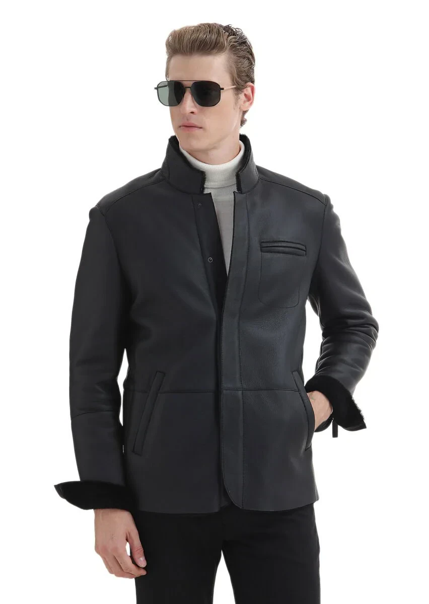 Siyah Regular Fit Dik Yaka Casual Kürk Deri Mont - 6