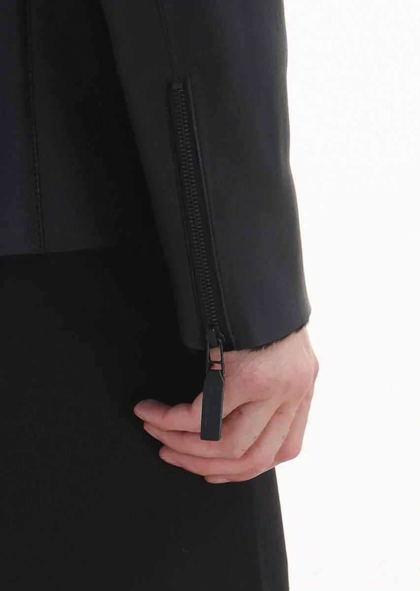 Siyah Regular Fit Dik Yaka Casual Kürk Deri Mont - 8