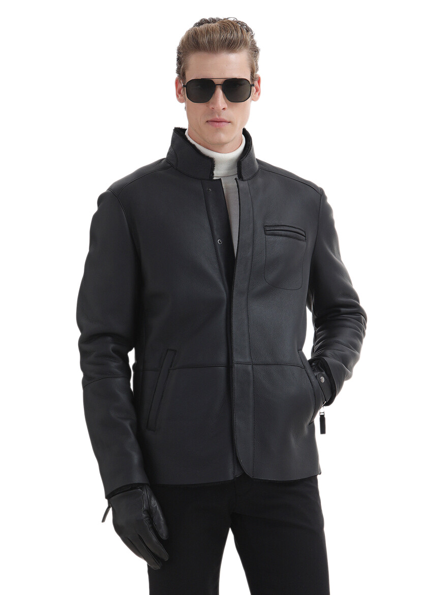 Siyah Regular Fit Dik Yaka Casual Kürk Deri Mont - 1