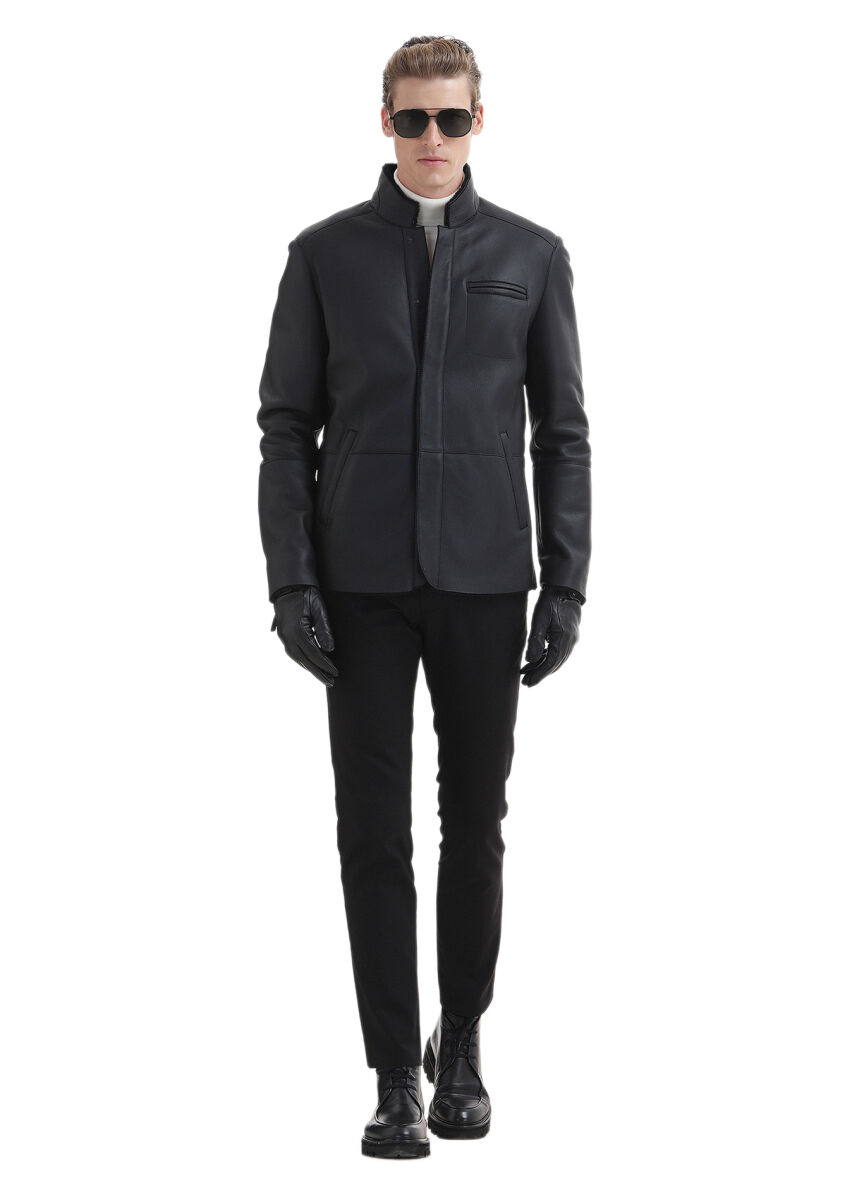 Siyah Regular Fit Dik Yaka Casual Kürk Deri Mont - 2