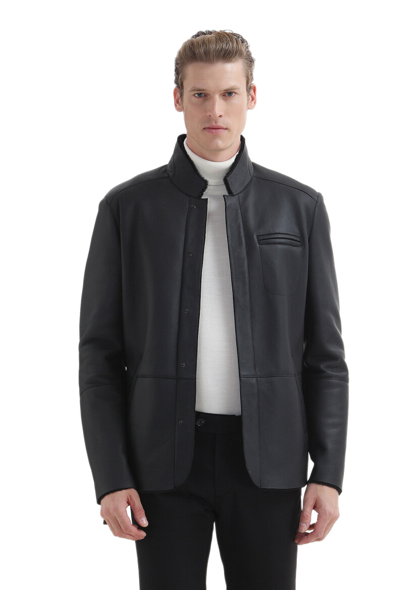 Siyah Regular Fit Dik Yaka Casual Kürk Deri Mont - 3