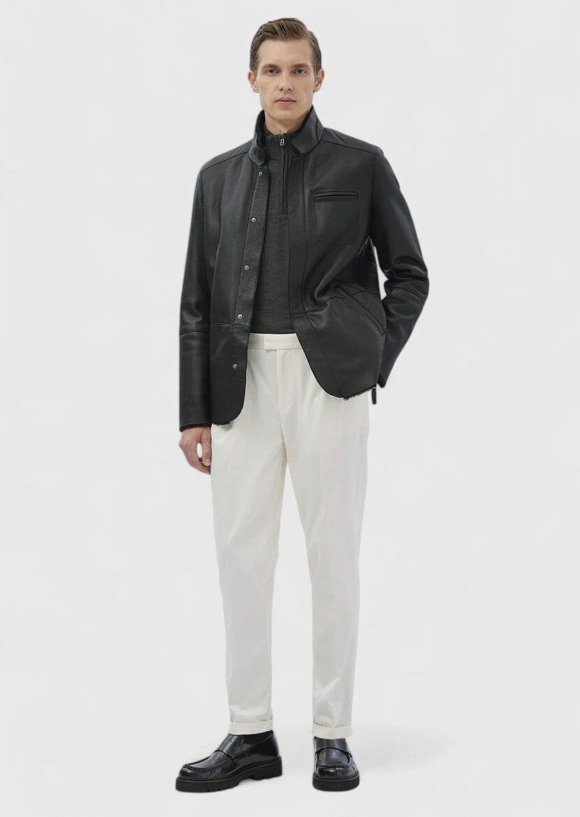 Siyah Regular Fit Dik Yaka Casual Kürk Deri Mont - 2