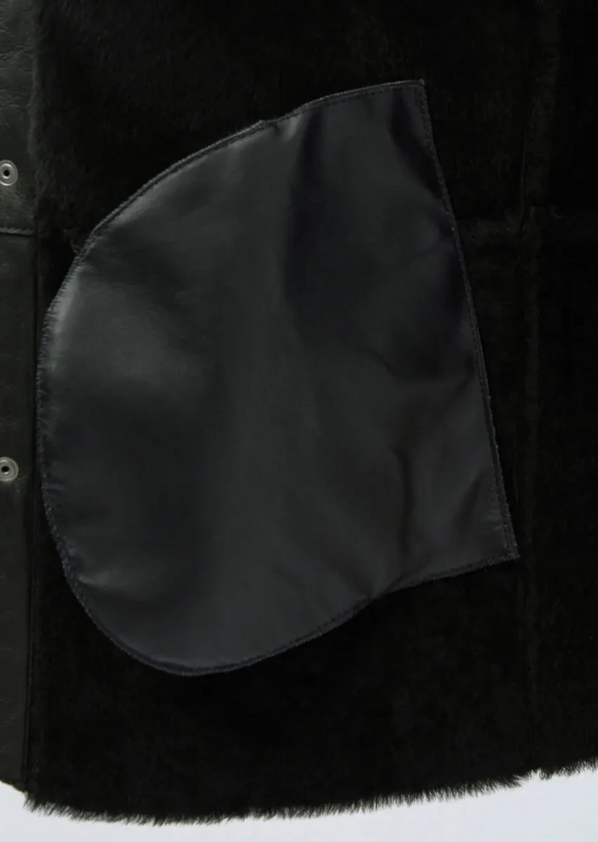 Siyah Regular Fit Dik Yaka Casual Kürk Deri Mont - 7