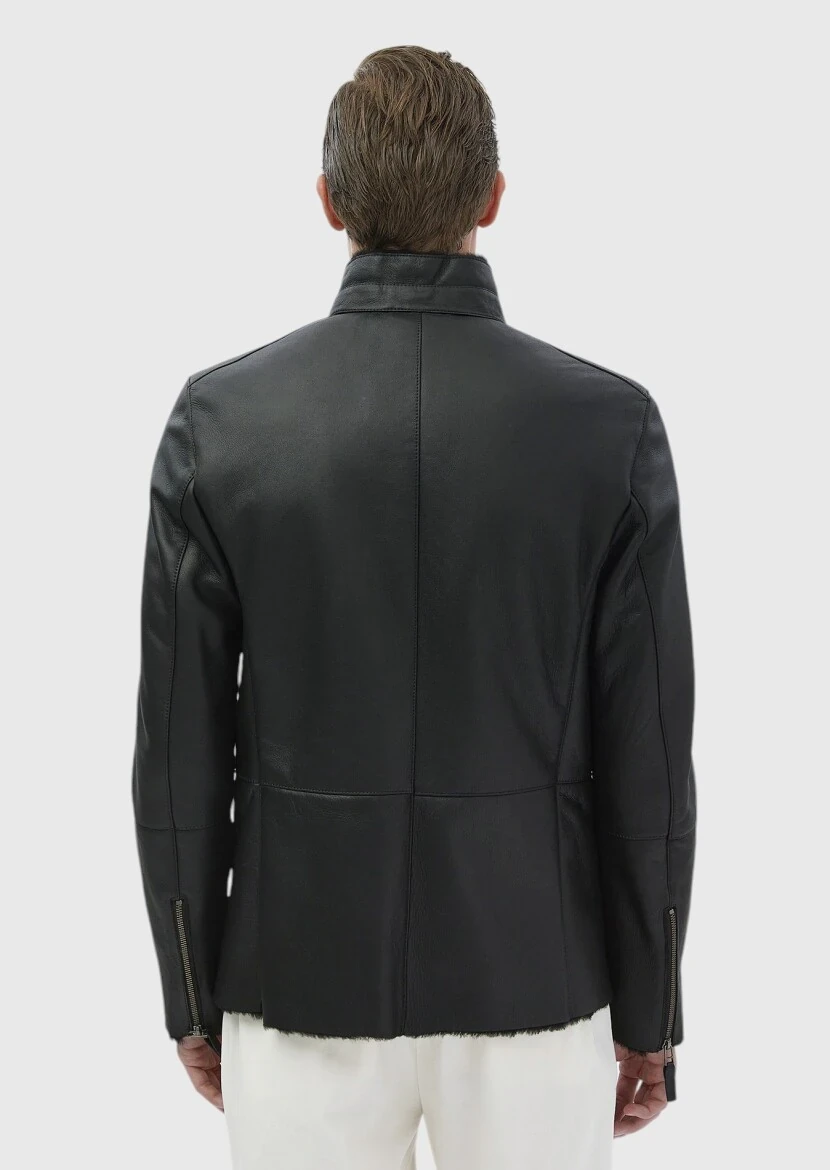 Siyah Regular Fit Dik Yaka Casual Kürk Deri Mont - 9