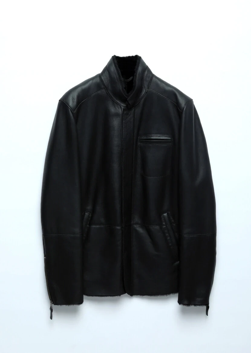 Siyah Regular Fit Dik Yaka Casual Kürk Deri Mont - 10