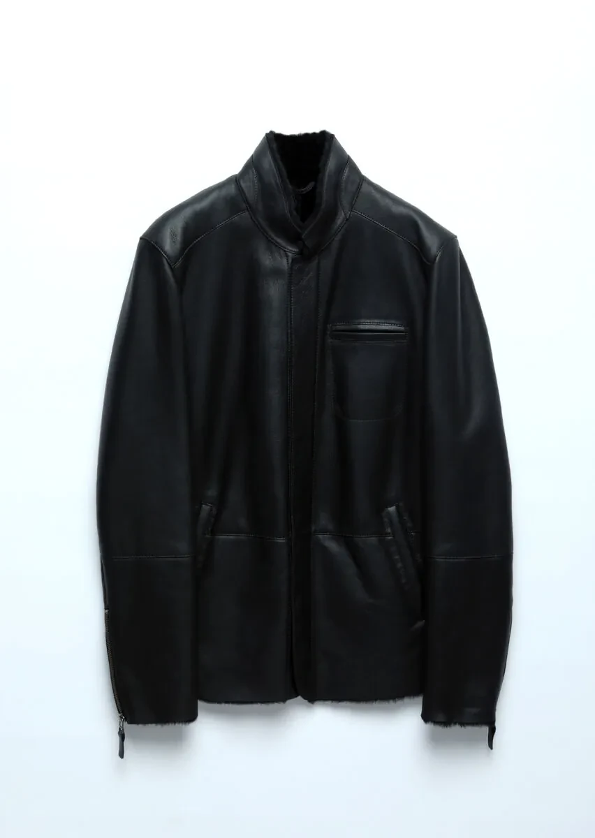 Siyah Regular Fit Dik Yaka Casual Kürk Deri Mont - 10