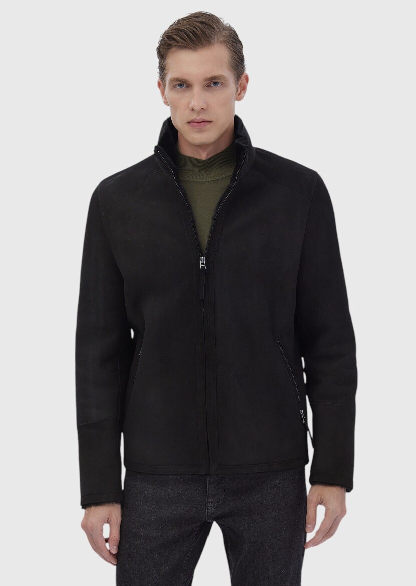 Siyah Regular Fit Dik Yaka Casual Kürk Deri Mont - 1