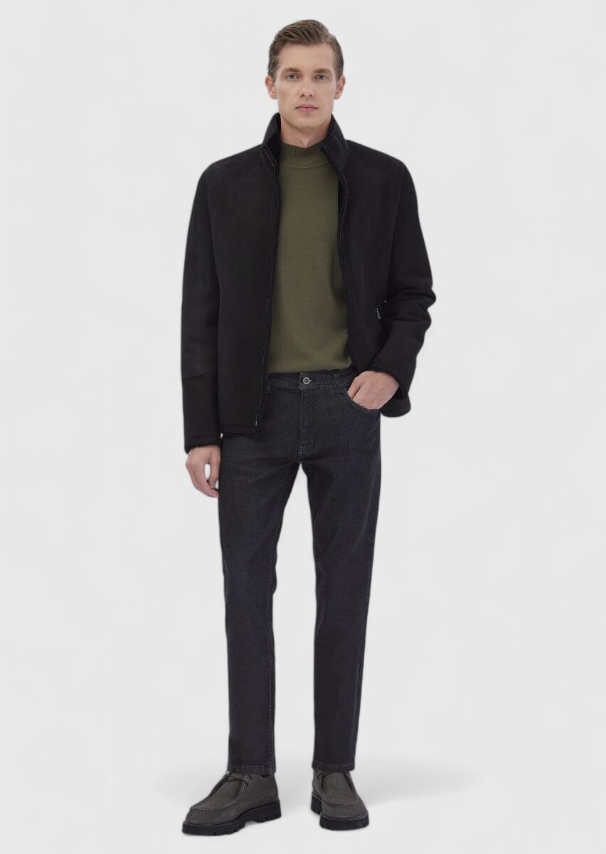 Siyah Regular Fit Dik Yaka Casual Kürk Deri Mont - 2