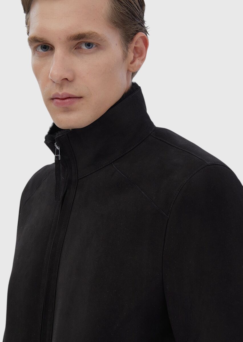 Siyah Regular Fit Dik Yaka Casual Kürk Deri Mont - 5
