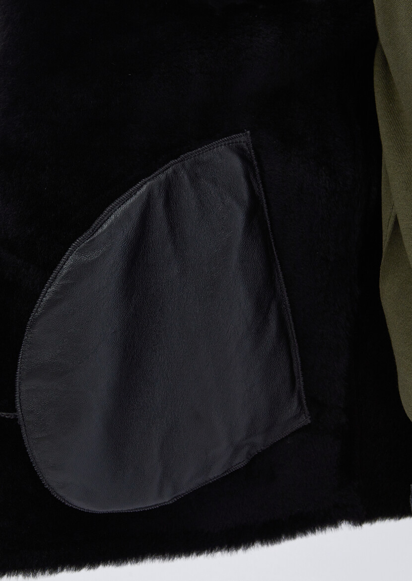 Siyah Regular Fit Dik Yaka Casual Kürk Deri Mont - 7