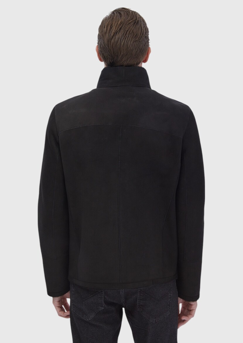 Siyah Regular Fit Dik Yaka Casual Kürk Deri Mont - 8