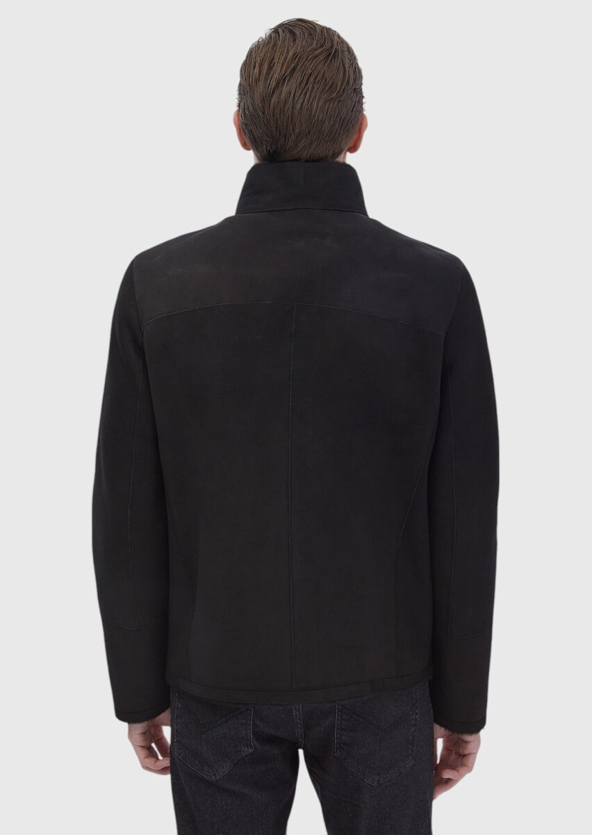 Siyah Regular Fit Dik Yaka Casual Kürk Deri Mont - 8