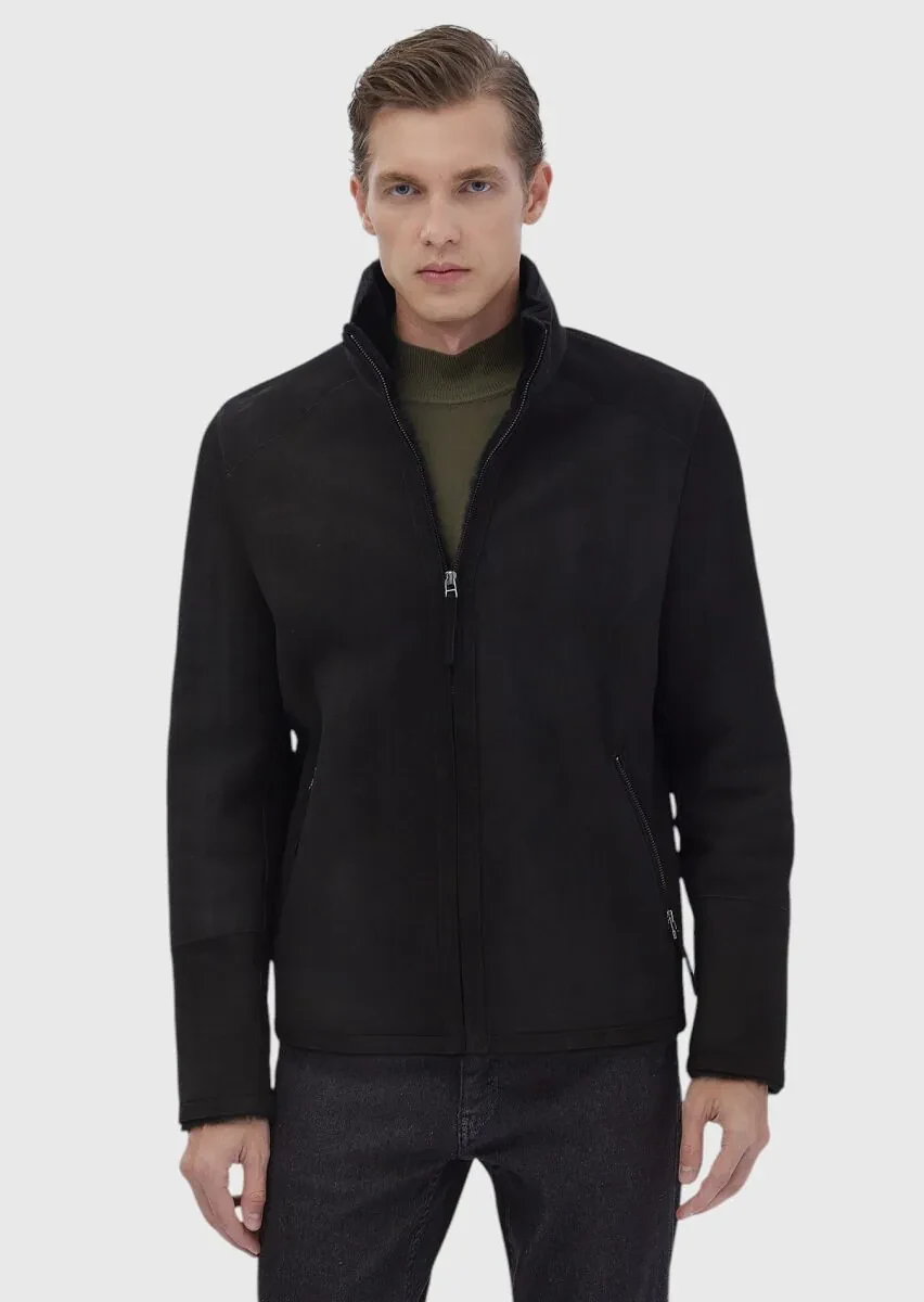 Siyah Regular Fit Dik Yaka Casual Kürk Deri Mont - 1