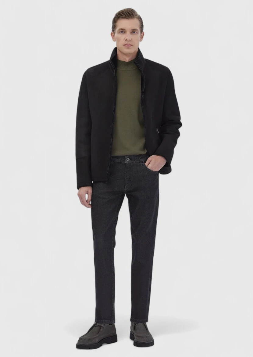 Siyah Regular Fit Dik Yaka Casual Kürk Deri Mont 