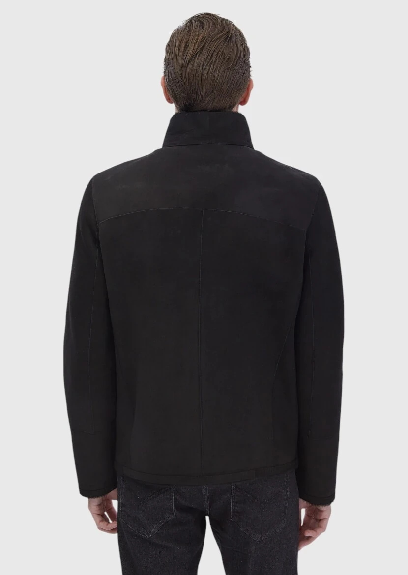 Siyah Regular Fit Dik Yaka Casual Kürk Deri Mont - 8