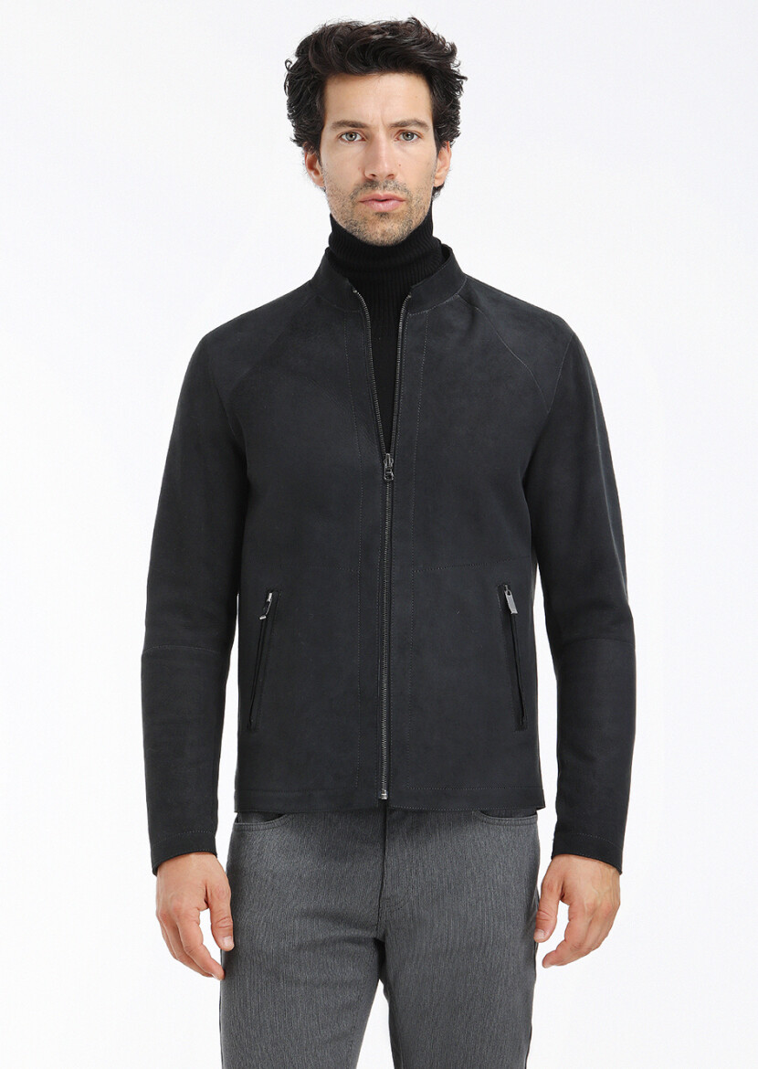 Siyah Regular Fit Dik Yaka Casual Süet Çift Taraflı Deri Mont - 3