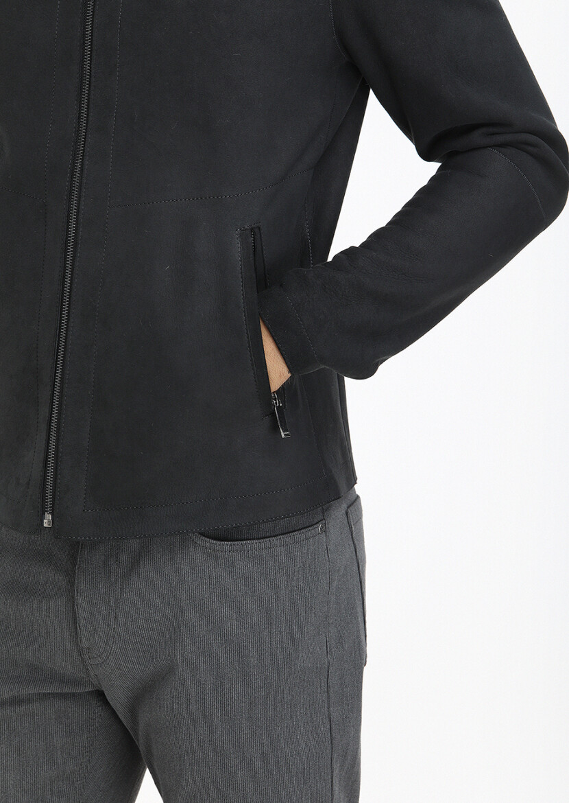 Siyah Regular Fit Dik Yaka Casual Süet Çift Taraflı Deri Mont - 4