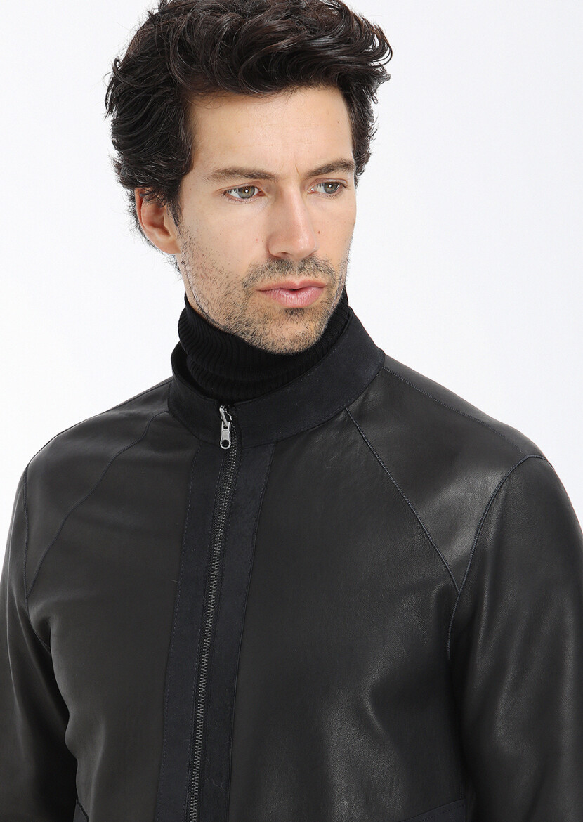 Siyah Regular Fit Dik Yaka Casual Süet Çift Taraflı Deri Mont - 6