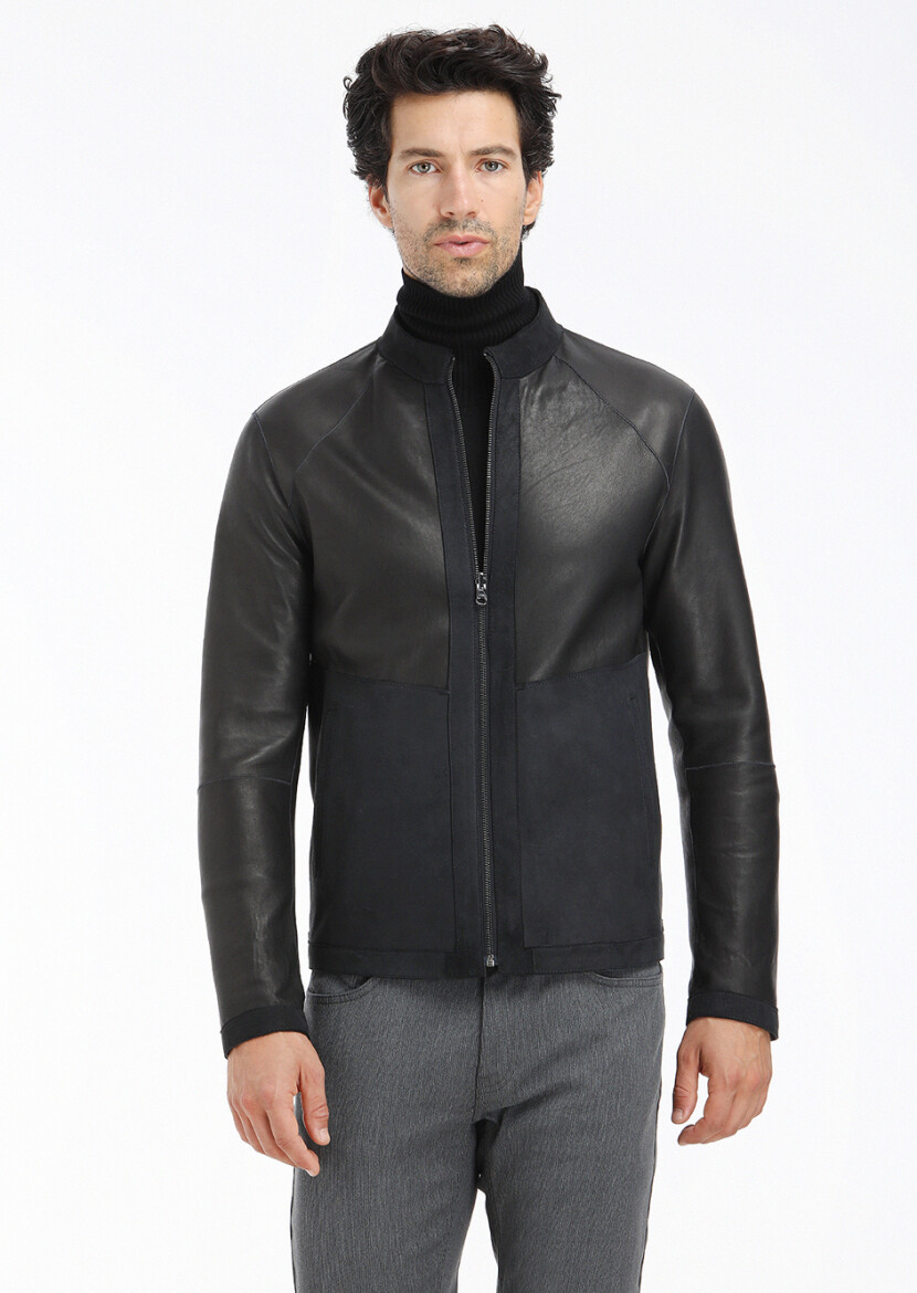 Siyah Regular Fit Dik Yaka Casual Süet Çift Taraflı Deri Mont - 7