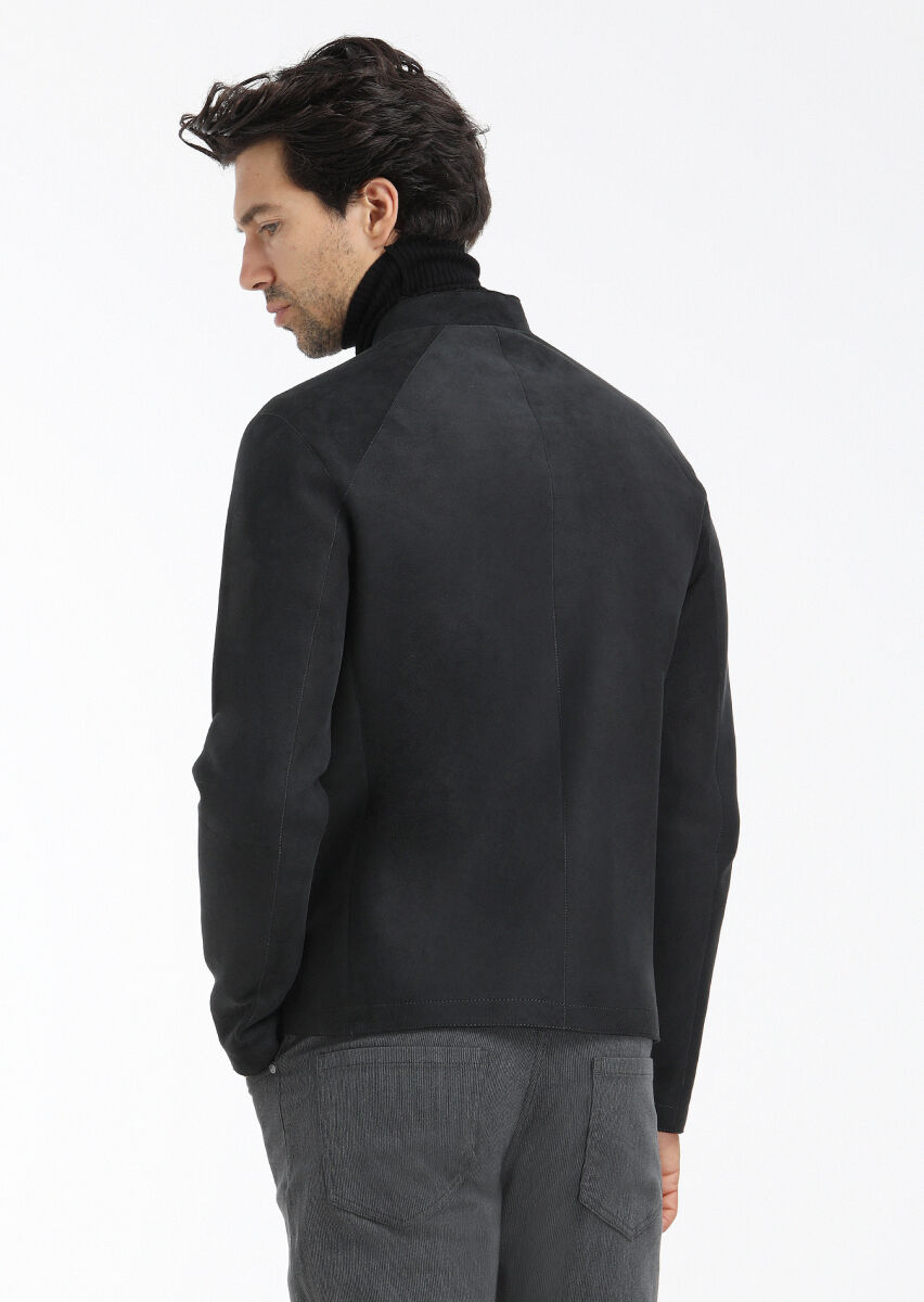 Siyah Regular Fit Dik Yaka Casual Süet Çift Taraflı Deri Mont - 8