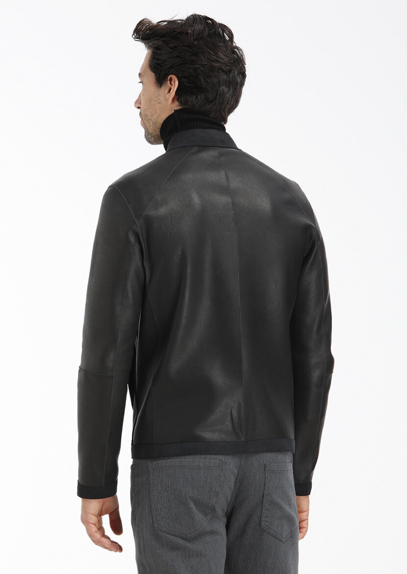 Siyah Regular Fit Dik Yaka Casual Süet Çift Taraflı Deri Mont - 9