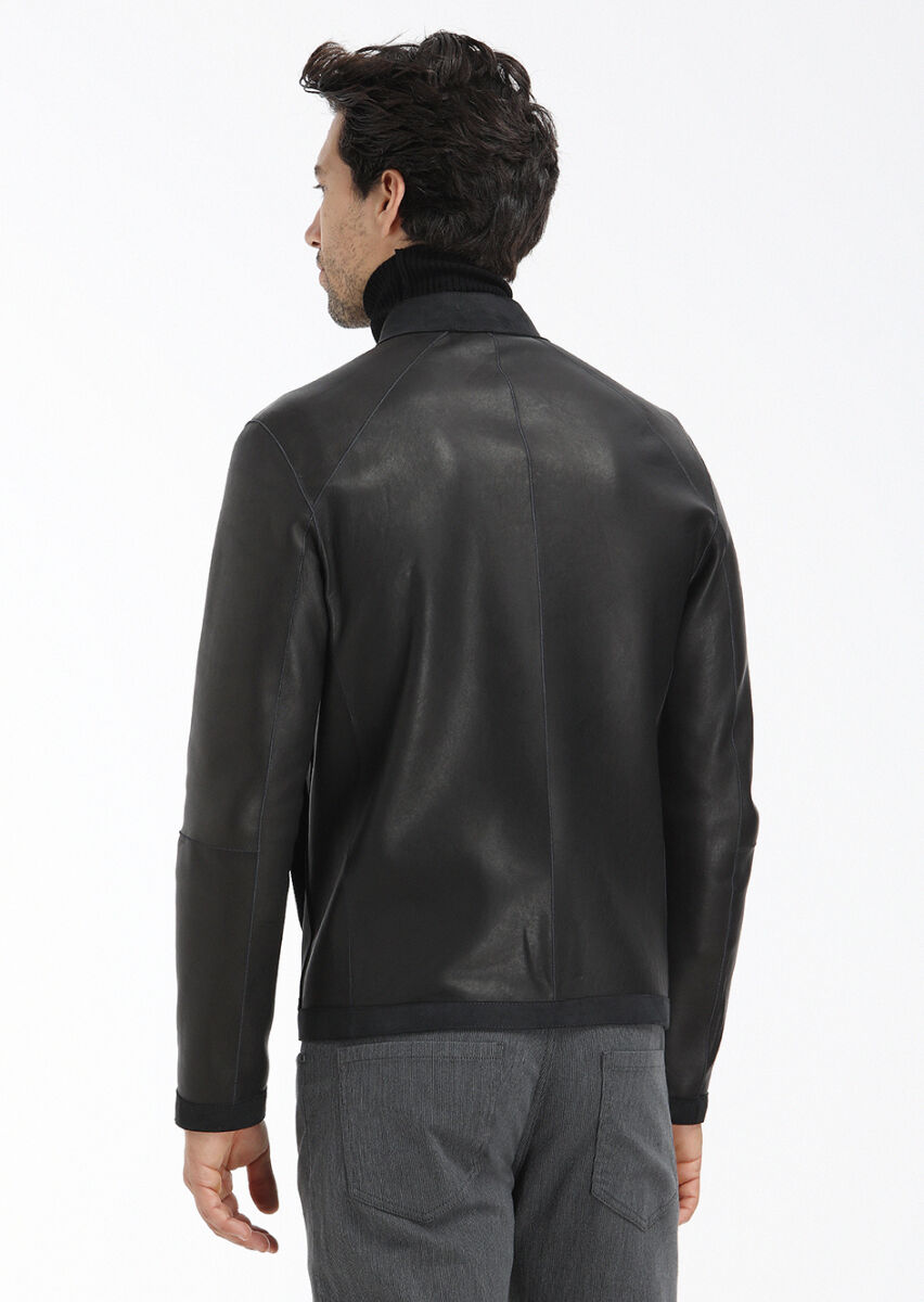 Siyah Regular Fit Dik Yaka Casual Süet Çift Taraflı Deri Mont - 9