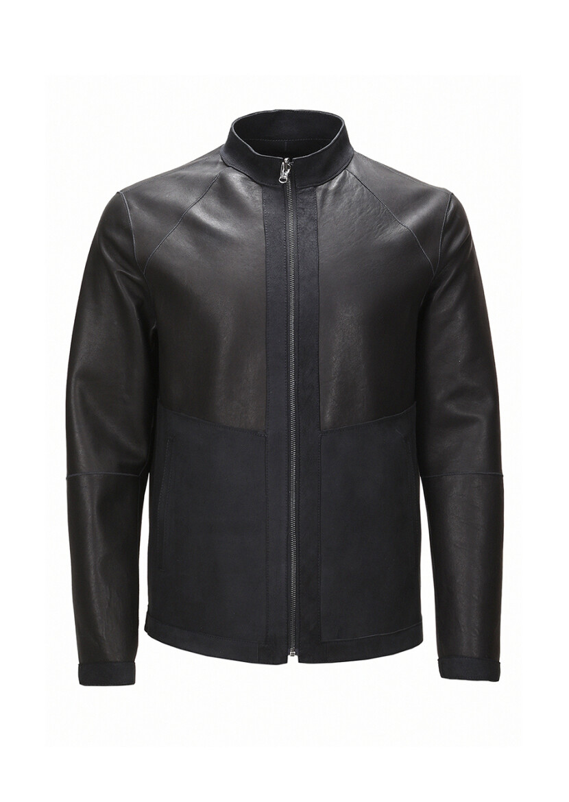 Siyah Regular Fit Dik Yaka Casual Süet Çift Taraflı Deri Mont - 11