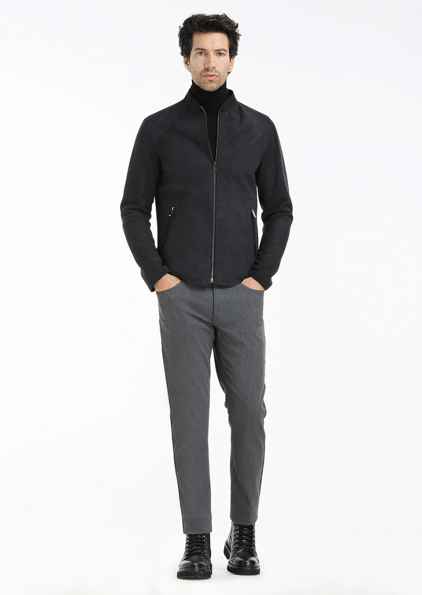 Siyah Regular Fit Dik Yaka Casual Süet Çift Taraflı Deri Mont - 1
