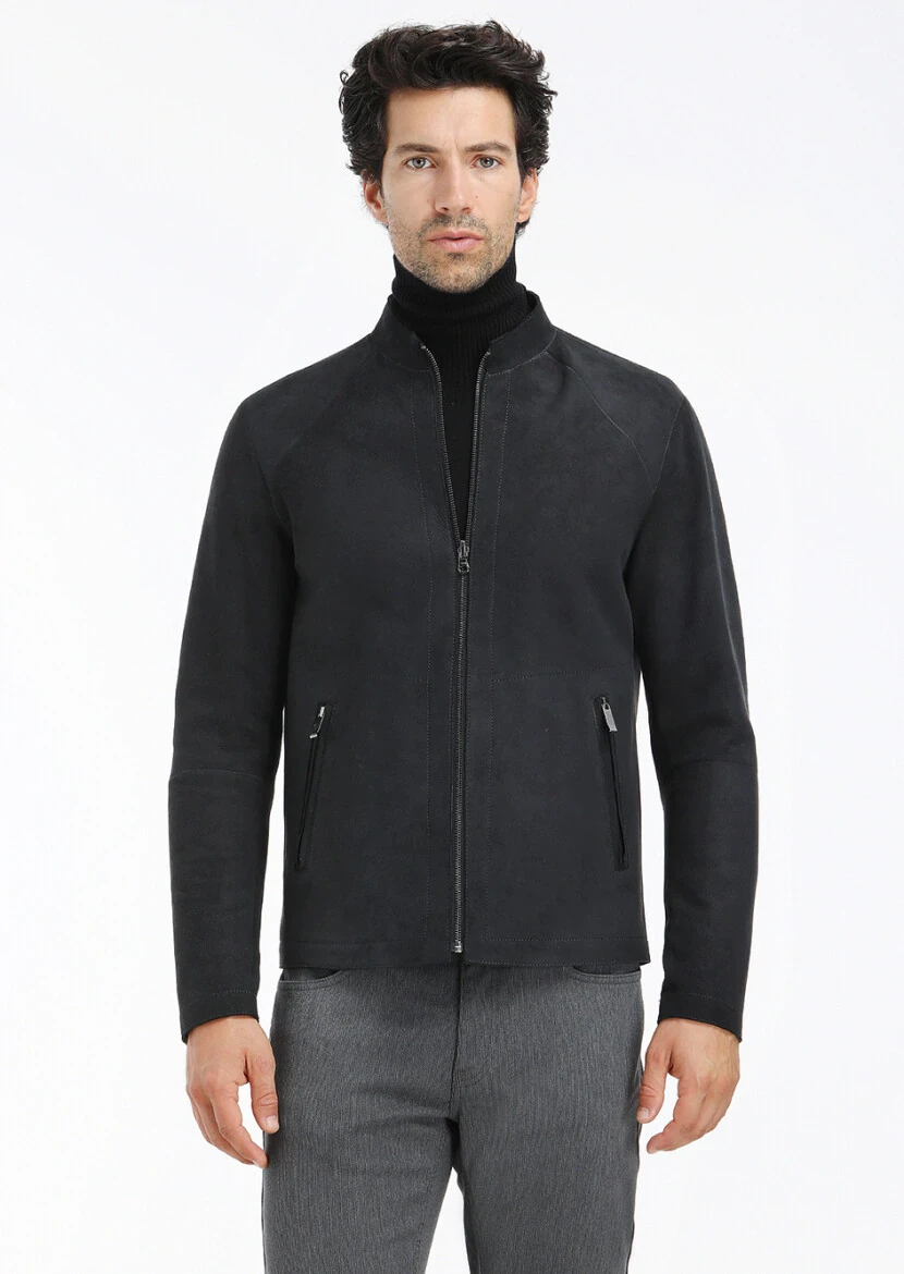 Siyah Regular Fit Dik Yaka Casual Süet Çift Taraflı Deri Mont - 3