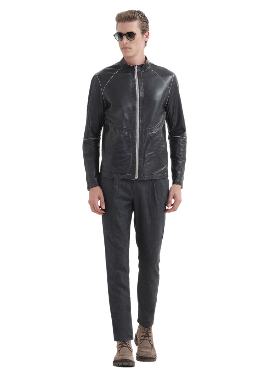 Siyah Regular Fit Dik Yaka Casual Süet Çift Taraflı Deri Mont - 2