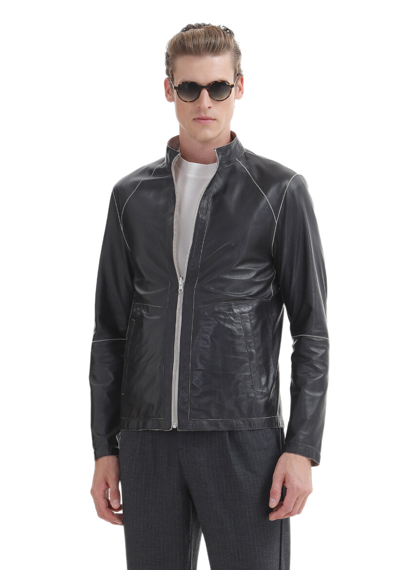 Siyah Regular Fit Dik Yaka Casual Süet Çift Taraflı Deri Mont - 6