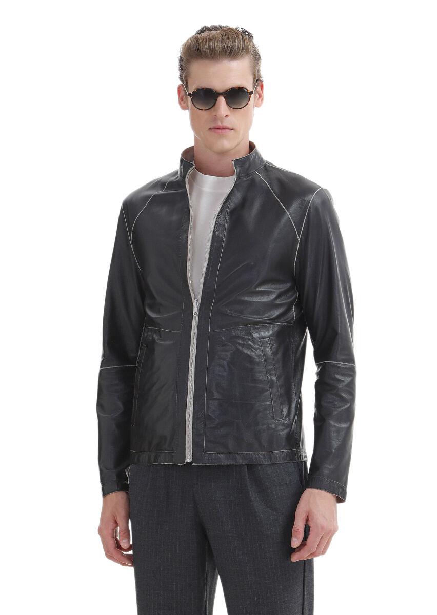 Siyah Regular Fit Dik Yaka Casual Süet Çift Taraflı Deri Mont - 6