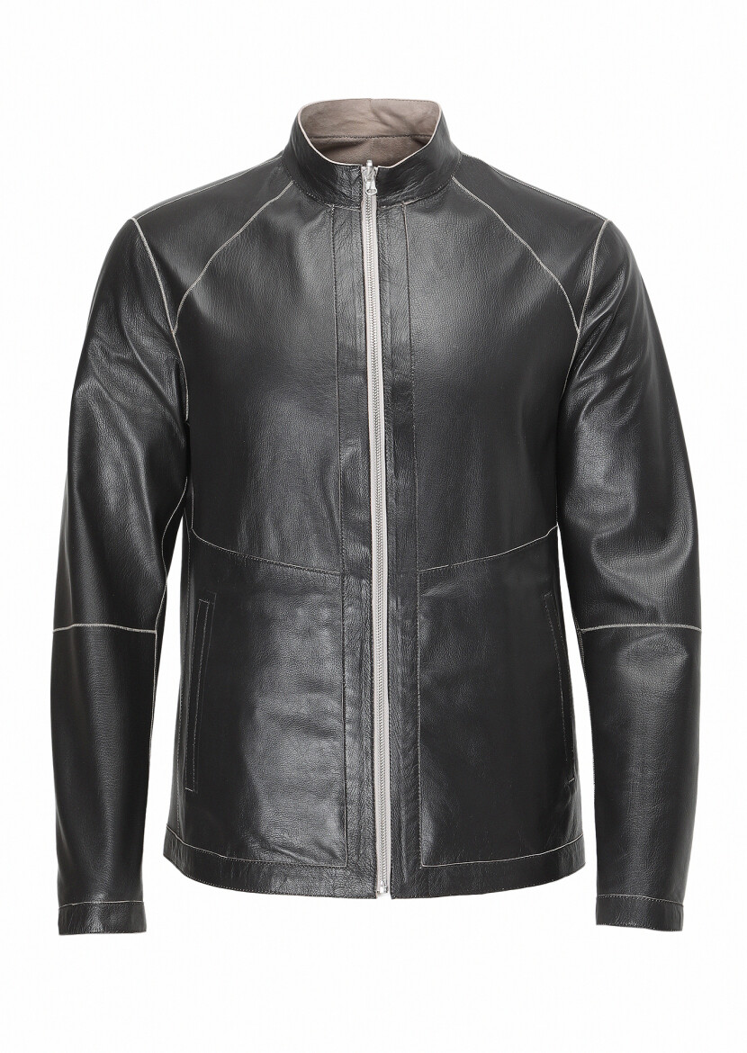 Siyah Regular Fit Dik Yaka Casual Süet Çift Taraflı Deri Mont - 10
