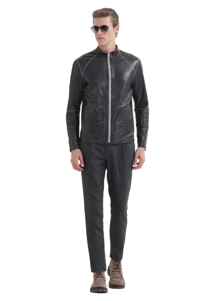 Siyah Regular Fit Dik Yaka Casual Süet Çift Taraflı Deri Mont - 2