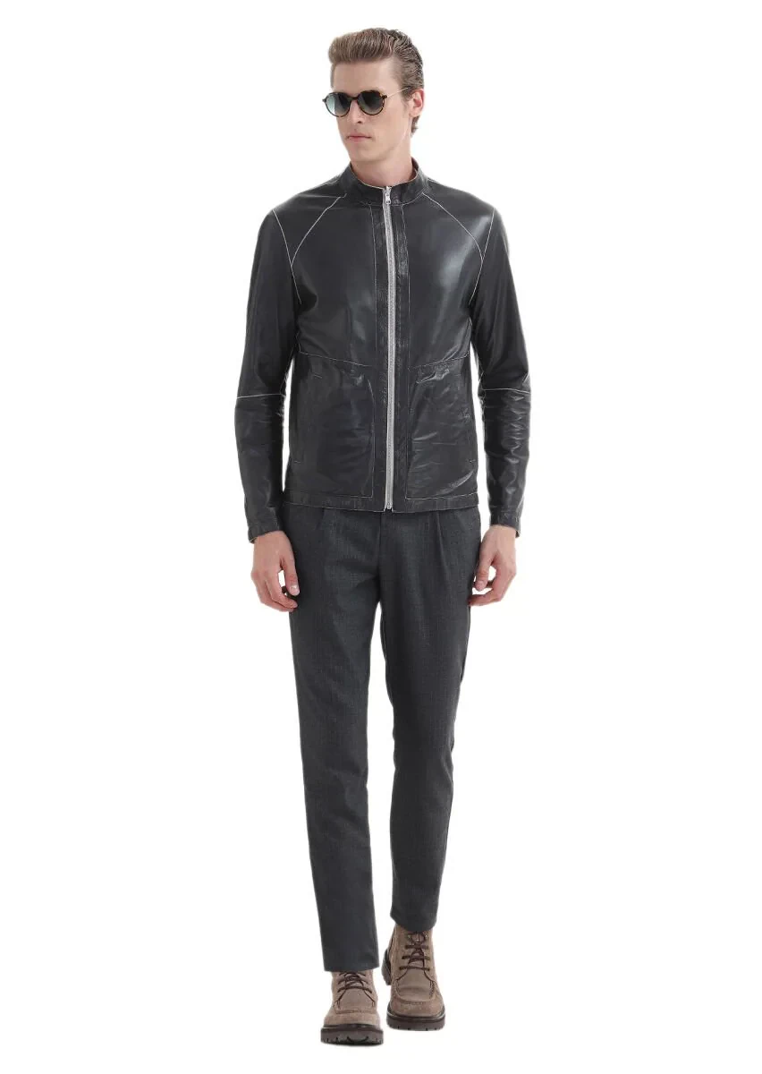 Siyah Regular Fit Dik Yaka Casual Süet Çift Taraflı Deri Mont - 2