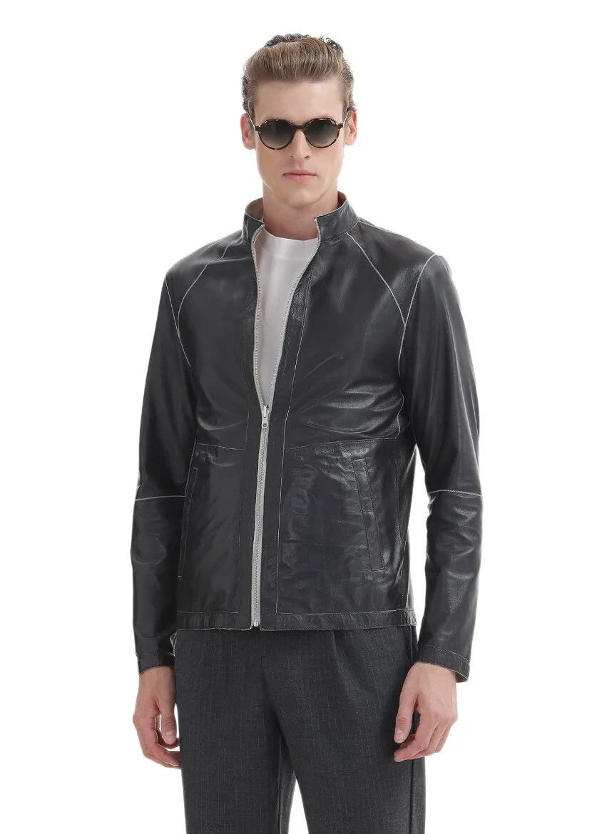 Siyah Regular Fit Dik Yaka Casual Süet Çift Taraflı Deri Mont - 6