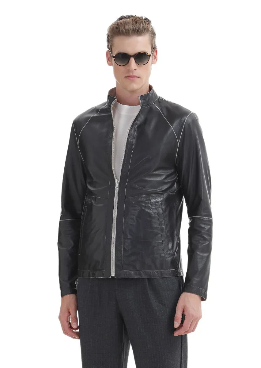 Siyah Regular Fit Dik Yaka Casual Süet Çift Taraflı Deri Mont - 6