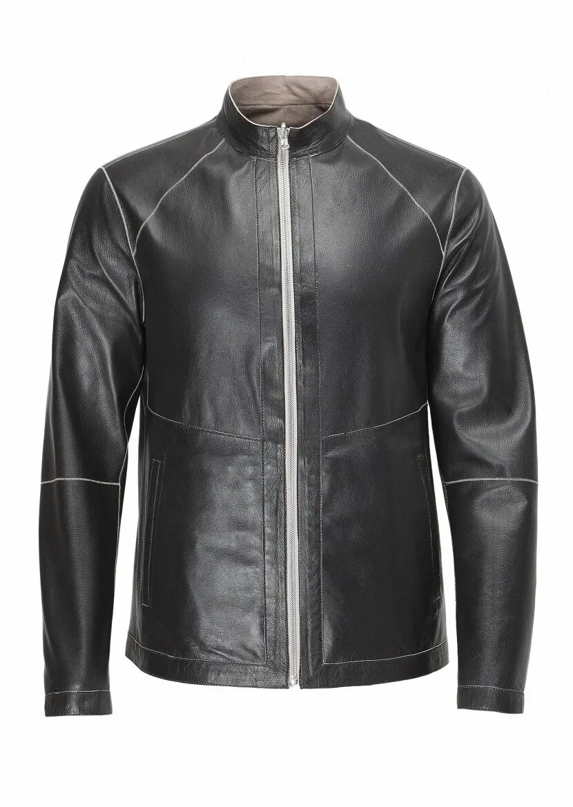 Siyah Regular Fit Dik Yaka Casual Süet Çift Taraflı Deri Mont - 11