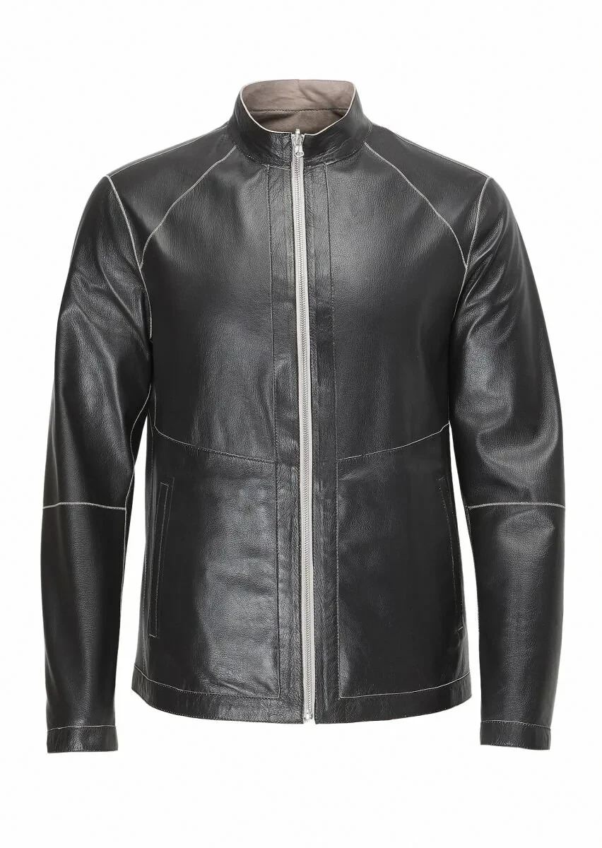 Siyah Regular Fit Dik Yaka Casual Süet Çift Taraflı Deri Mont - 11
